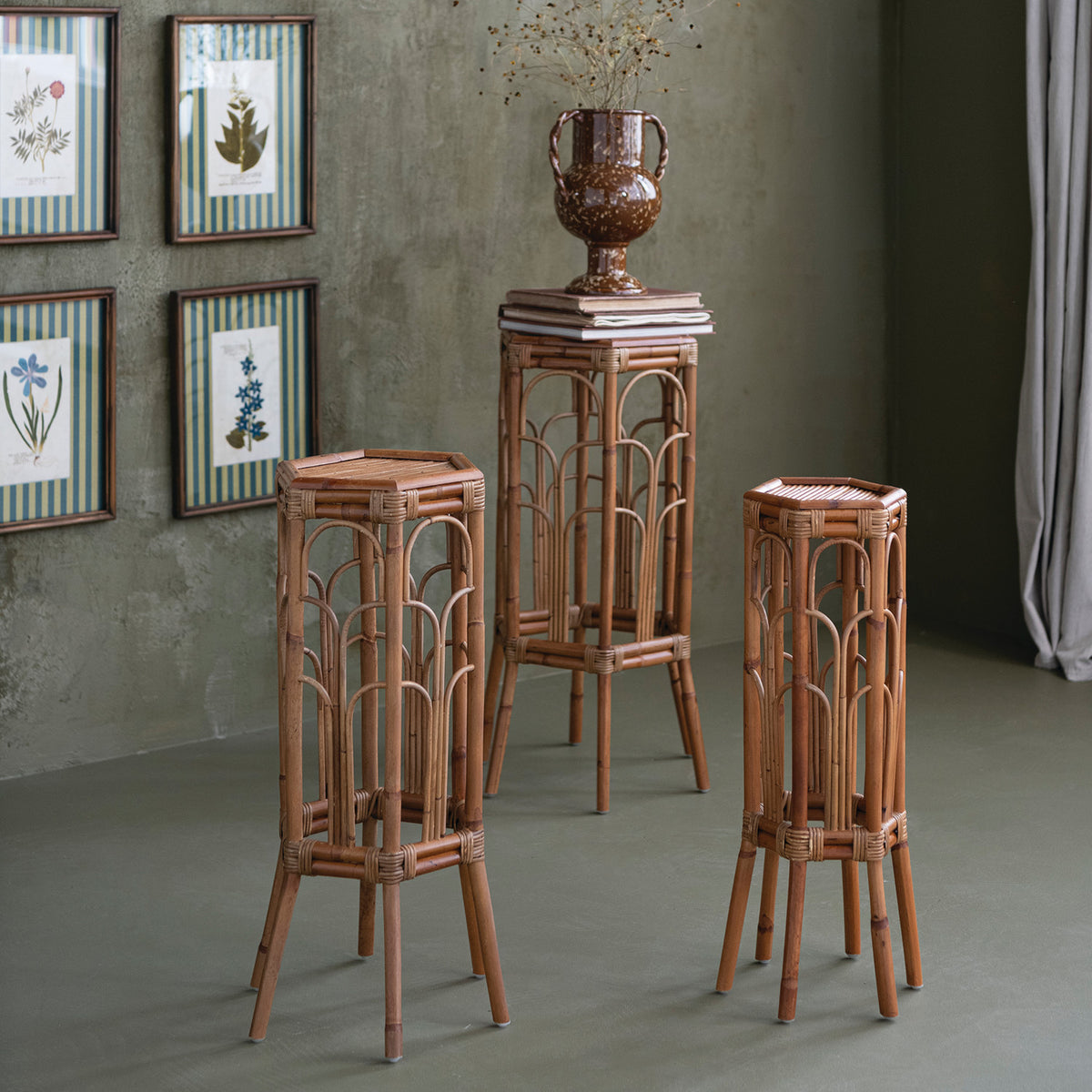 RATTAN HEXAGON SHAPED PLANT STANDS