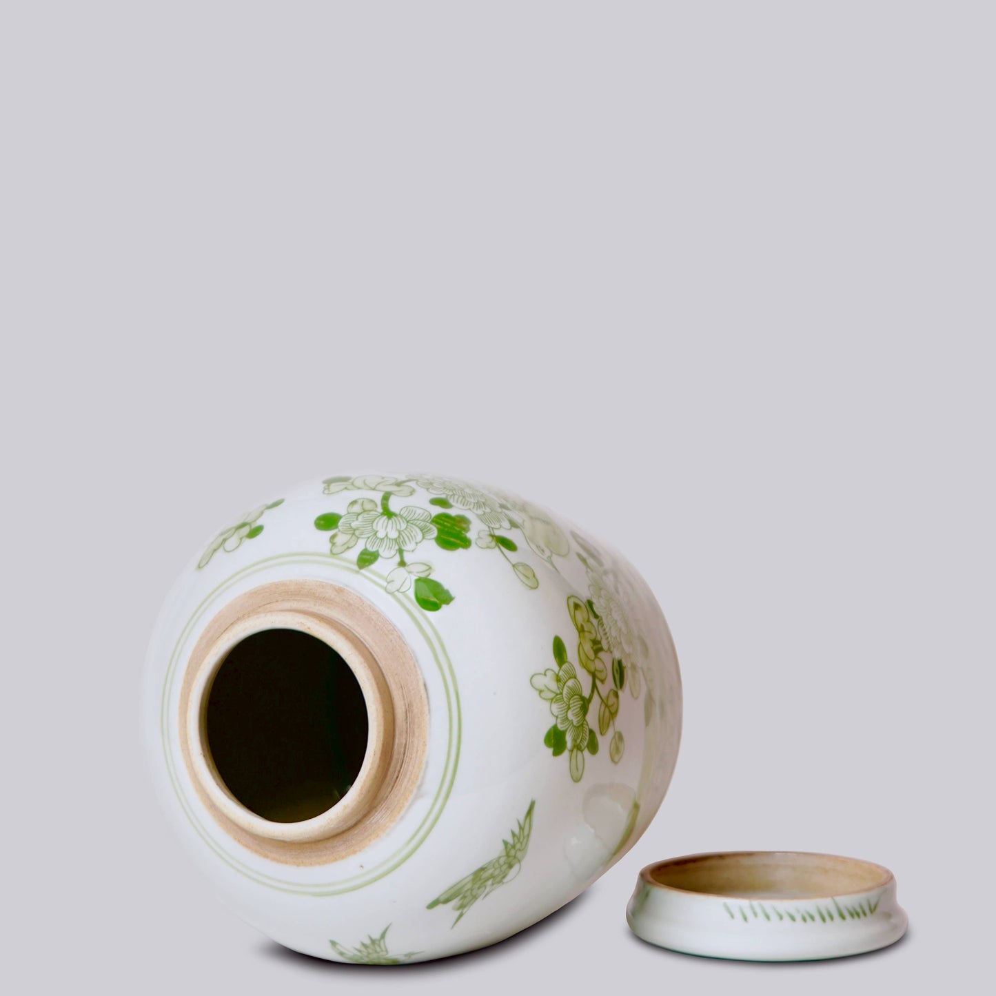 BIRD AND FLOWER GREEN AND WHITE PORCELAIN JAR