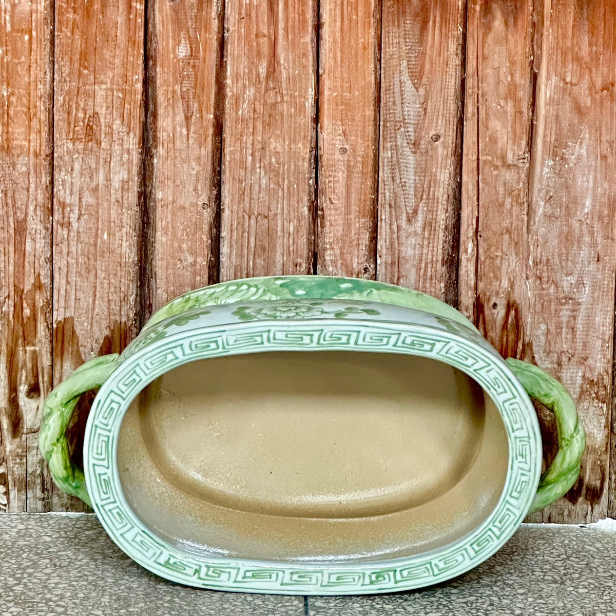 Green and White Bird and Flower Porcelain Oval Compote