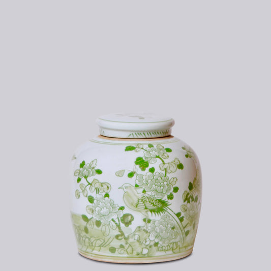 BIRD AND FLOWER GREEN AND WHITE PORCELAIN JAR