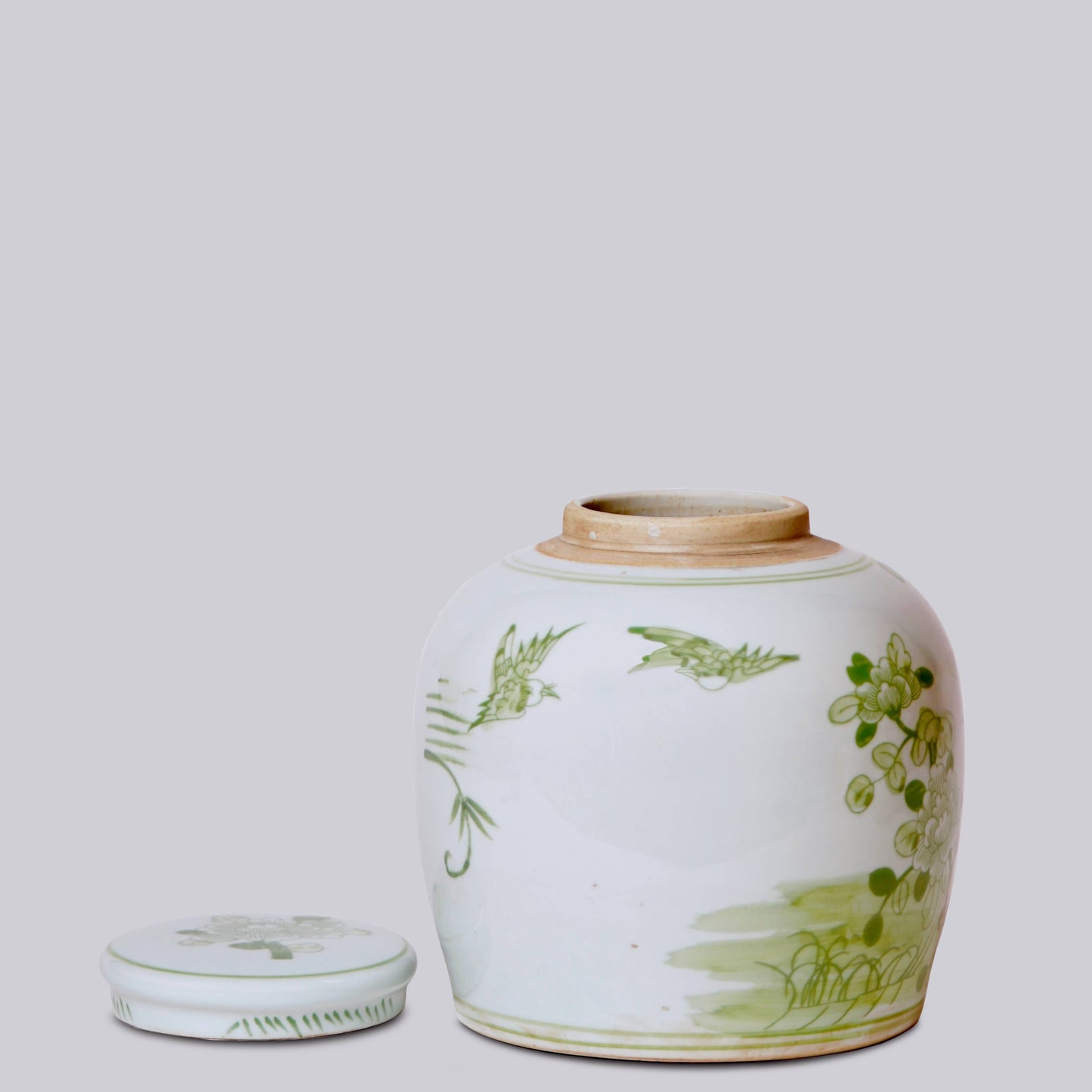 BIRD AND FLOWER GREEN AND WHITE PORCELAIN JAR