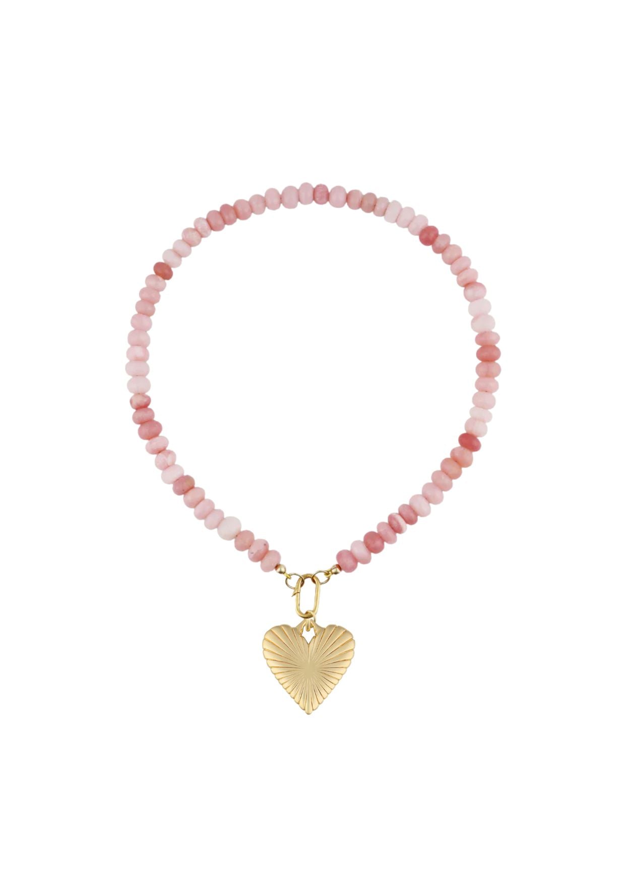 PINK OPAL NECKLACE WITH LARGE RIBBED HEART CHARM