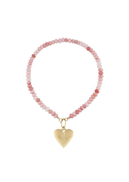 PINK OPAL NECKLACE WITH LARGE RIBBED HEART CHARM