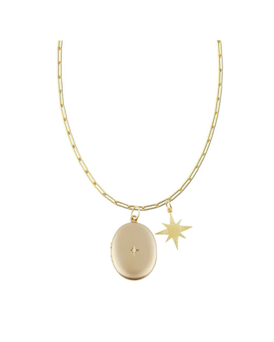 OVAL LOCKET WITH DIAMOND & STAR COMPASS CHARM ON LONG LINK CHAIN