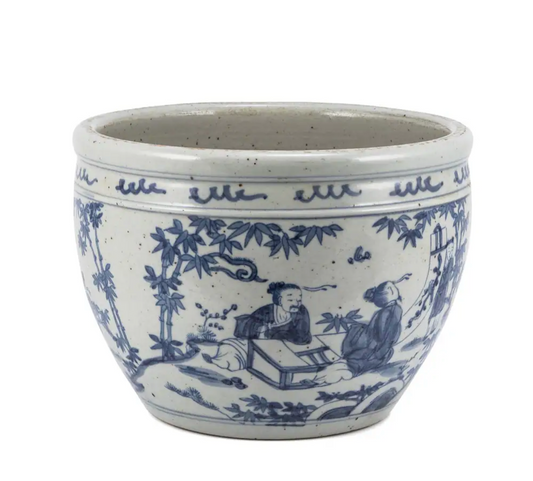 BLUE AND WHITE PORCELAIN POT SEVEN SAGES OF BAMBOO GROOVE