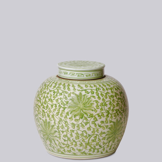 SCROLLING CHRYSANTHEMUM GREEN AND WHITE PORCELAIN JAR