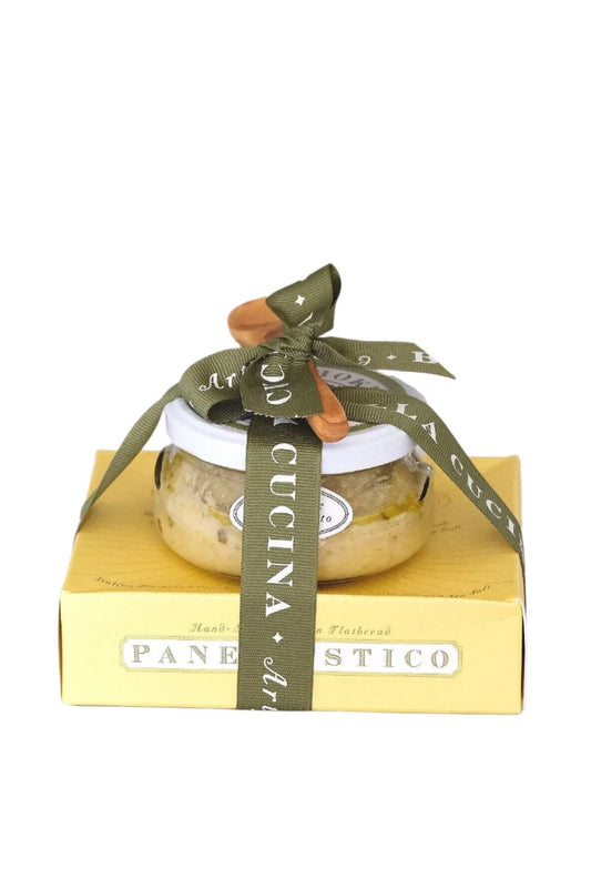 DRESSED PANE AND ARTICHOKE PESTO WITH OLIVE WOOD KNIFE