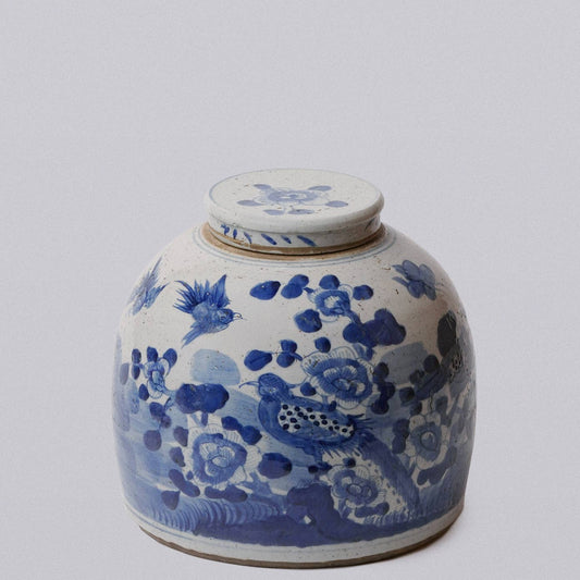 BIRD AND FLOWER LARGE ROUND GINGER JAR